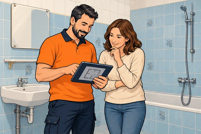 Illustratie: Een bewoner en vakman bespreken de oude badkamer.