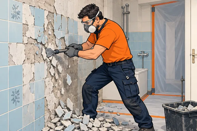 Illustratie: Een vakman met beschermingsmiddelen verwijdert tegelwerk.