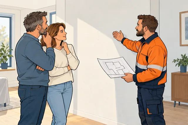 Illustratie: Een constructeur en vakman bekijken met de bewoner een bestaande wand.