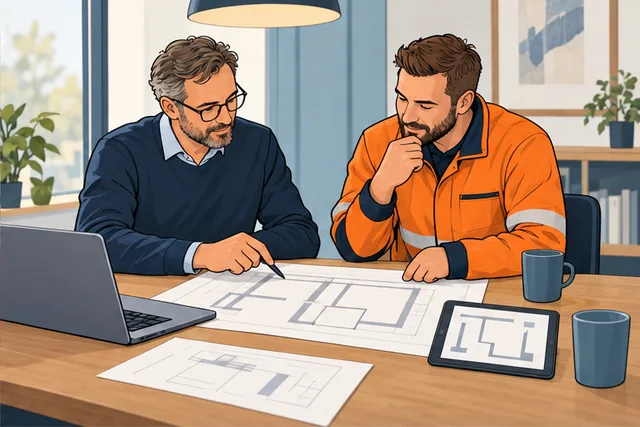 Illustratie: De constructeur en vakman bespreken tekeningen en het uitvoeringsplan.