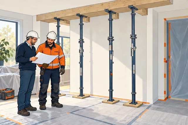 Illustratie: Vakmensen controleren het plan in een voorbereide werkzone met tijdelijke ondersteuning.