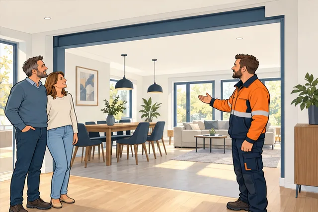 Illustratie: De bewoner en vakman bekijken de opgeleverde opening tussen twee ruimtes.