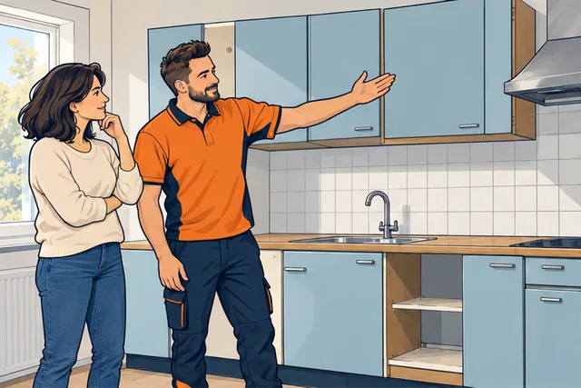 Illustratie: Een bewoner en vakman bespreken welke keukendelen behouden blijven.