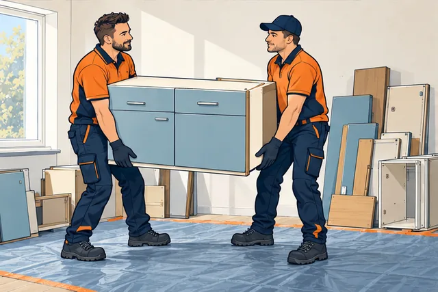 Illustratie: Twee vakmensen dragen samen een gedemonteerd keukenkastje.