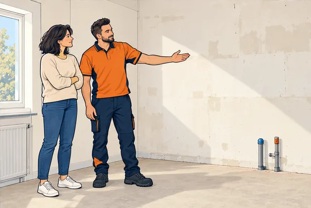 Illustratie: De bewoner en vakman lopen de lege keukenruimte na.